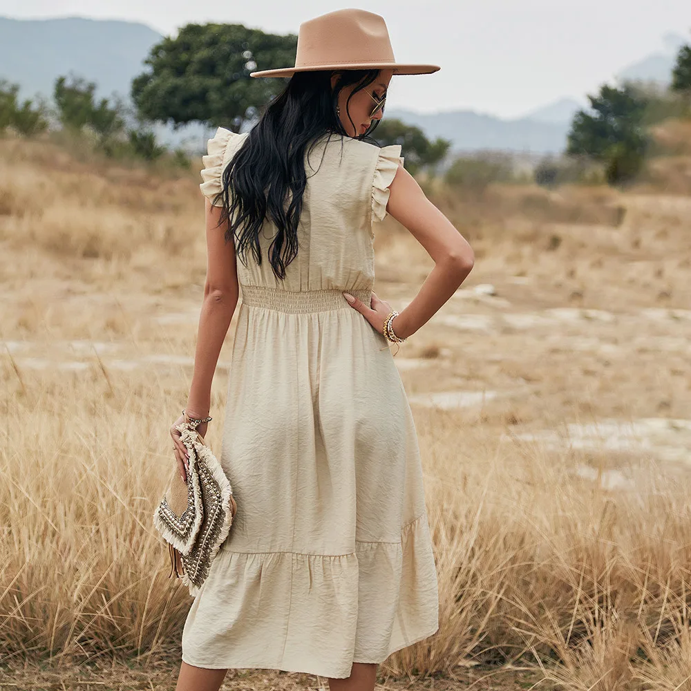 

Women's Dress 2021 Spring/Summer Pure Color Hollow Stitching V-Neck Elegant Fashion Party Dress
