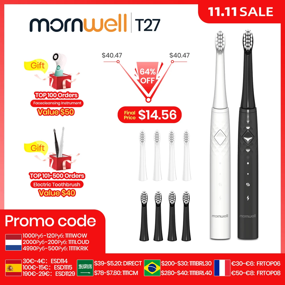 

Mornwell Sonic Electric Toothbrush 360 Upgraded Base Waterproof With 4 Replacement Brush Heads USB Rechargeable