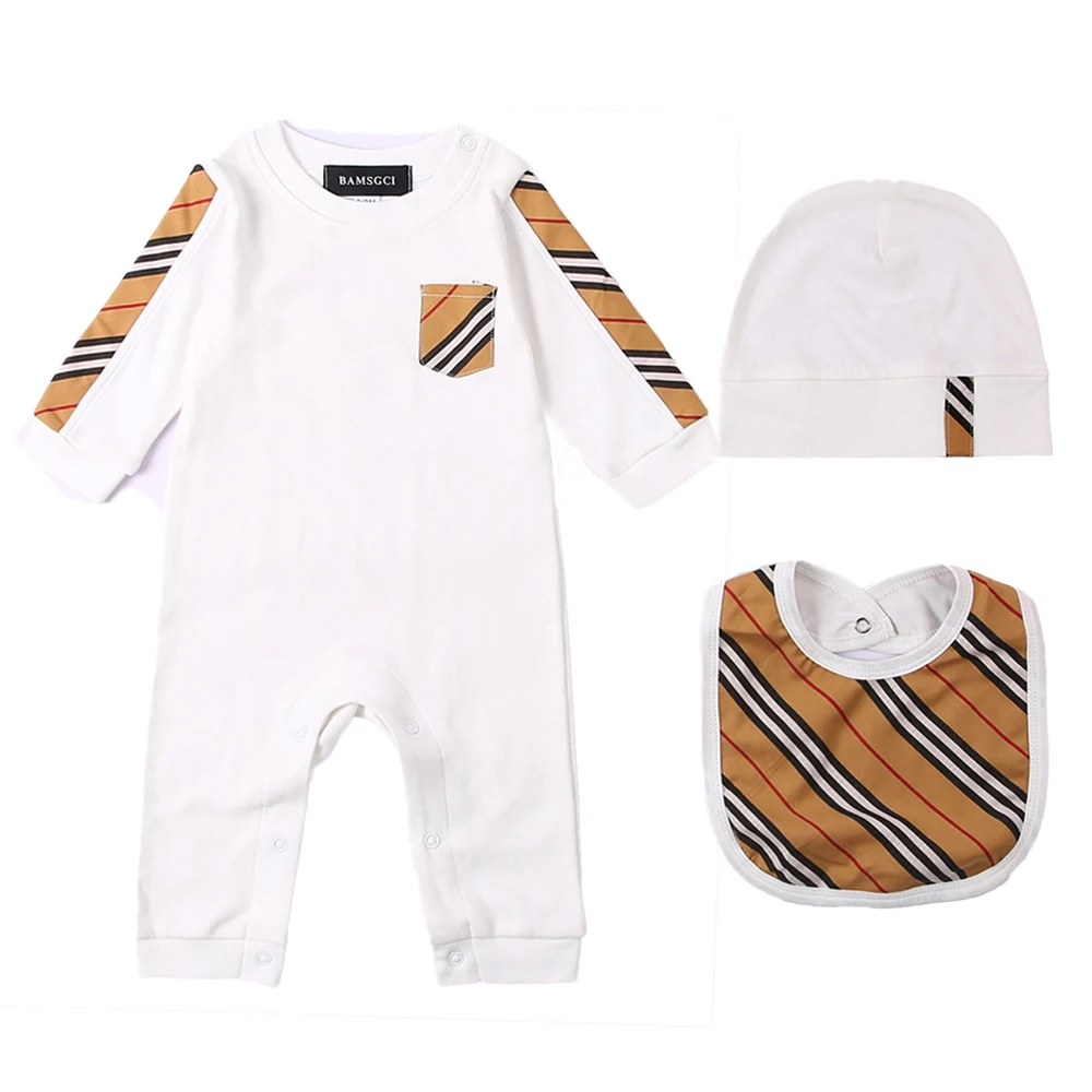 New summer fashion newborn baby clothes Plaid stripes cotton Long sleeve new born boys girls rompers Bibs hats 3 pcs sets | Детская