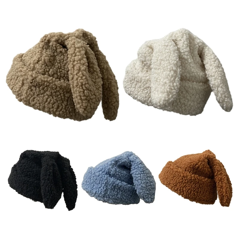 

Y166 Casual Wool Warm Knitted Hat Draping Rabbit Ears Woolen Hat for Autumn Winter