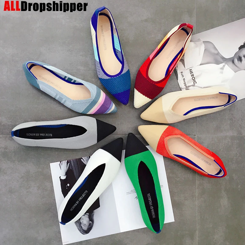 

Color Casual Women Soft Shoes Breathable Knit Pointed Shoes Women's Flat Shoes Ballet Single Shoes Comfortable Pregnant Shoes