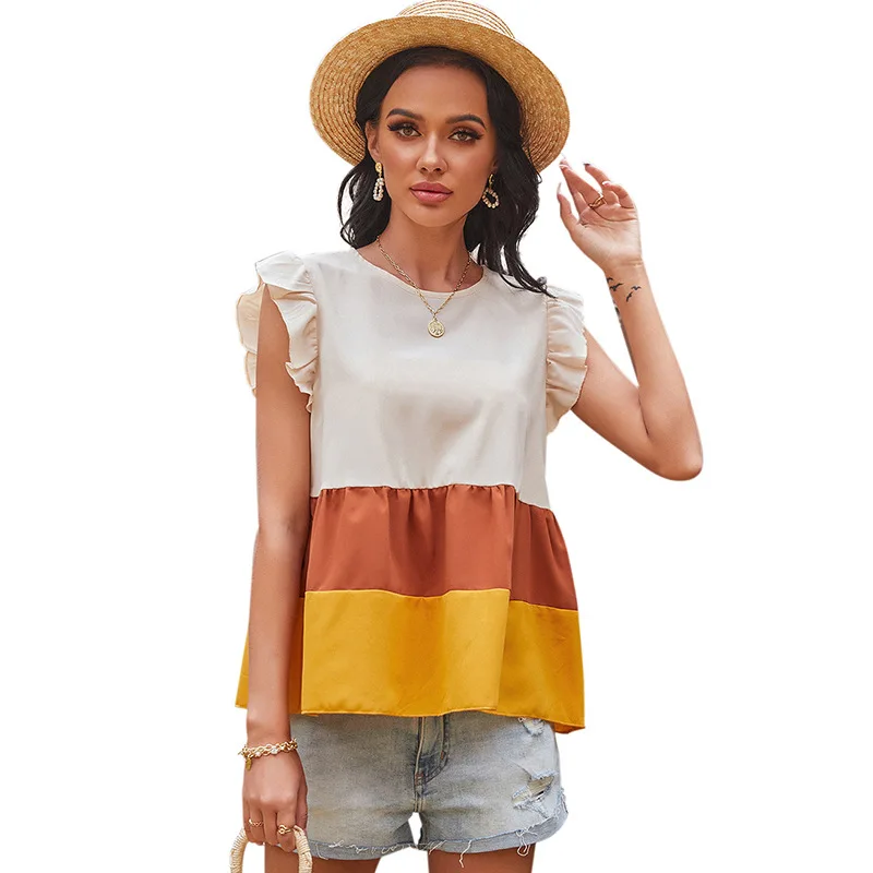 

Multicolor Patchwork Tank Top Mujer O-neck Folds Graphic Tee Vintage Loose Waist Woman Tshirts Feminina Woven Sleeveless Shirt