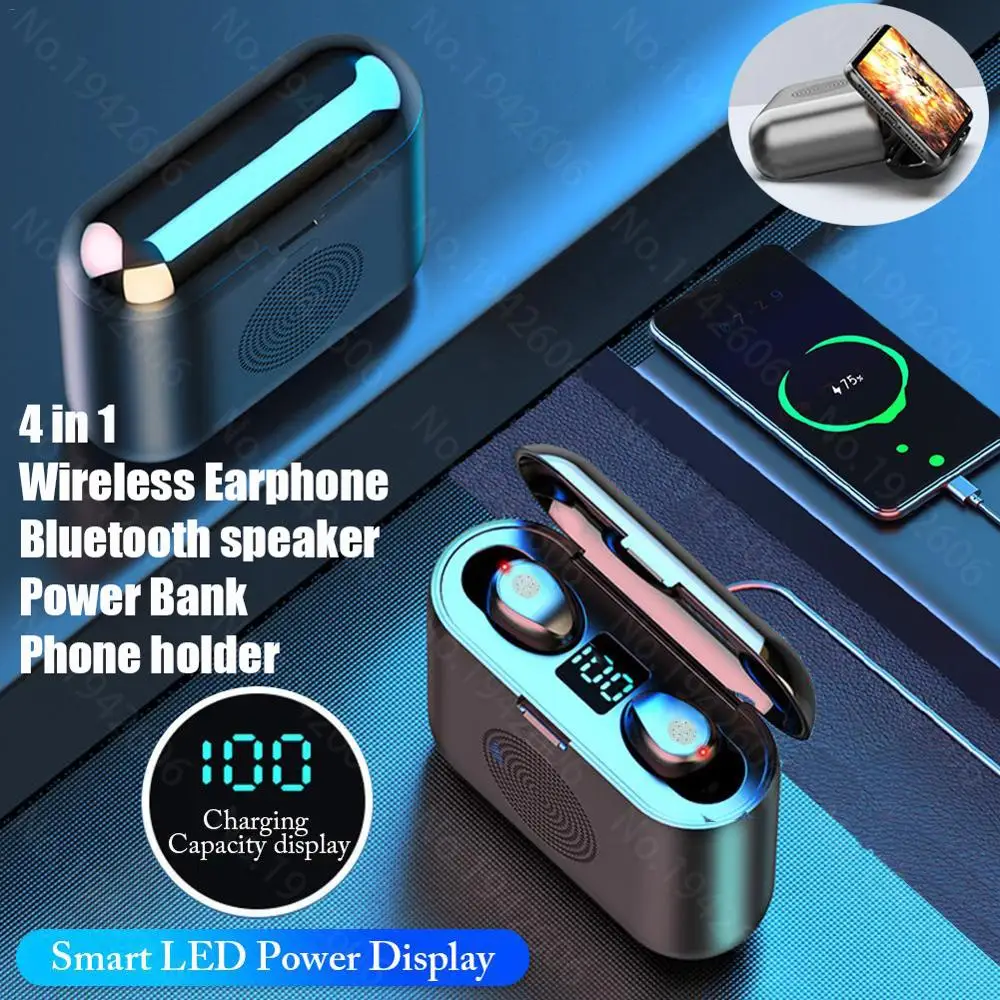 

[4 in 1]Tws F9 Wireless bluetooth headset/bluetooth Speaker/power bank/popsocket 5.0 Touch Sports headphone true Stereo earphone