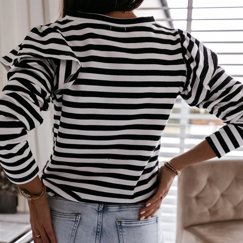 

Women Round Neck Long Sleeve Striped T-shirt Causal Autumn Winter Top Fashion Clothing Lady Tee Shirts Korean Harajuku
