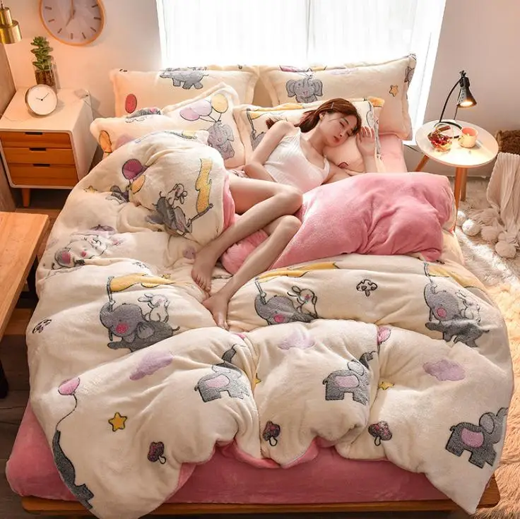 M Winter Flannel Fleece duvet cover single Comforter cover Home textile 1pc cartoon Solid warm quilt cover Velvet bedcover - Цвет: M