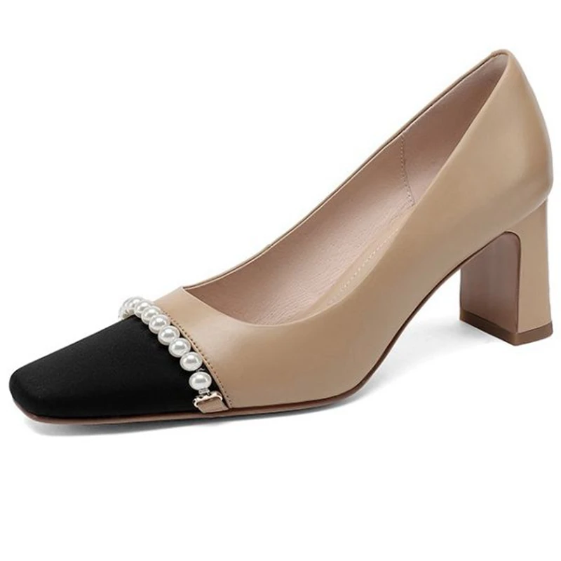 SIMLOVEYO 2022 New Style Sapatos Femininos Pumps For Ladies Square Toe Block Heels Slip-on Beading Beige Apricot Spring S2811 | Обувь