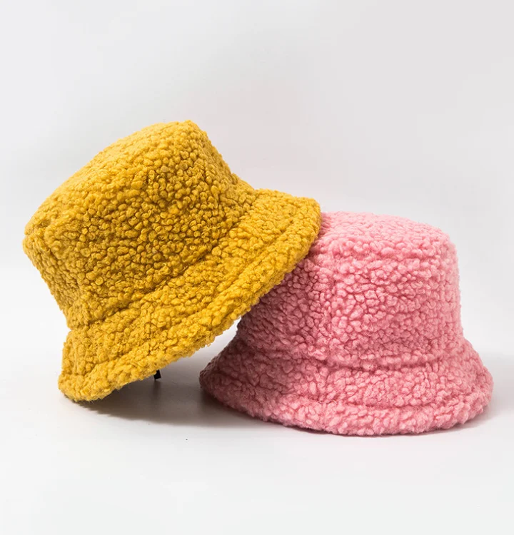 

Women Hat Solid Artificial Fur Warm Female Cap Faux Fur Winter Bucket Hat for Women Outdoor Sunscreen Sun Hat Panama Lady Cap