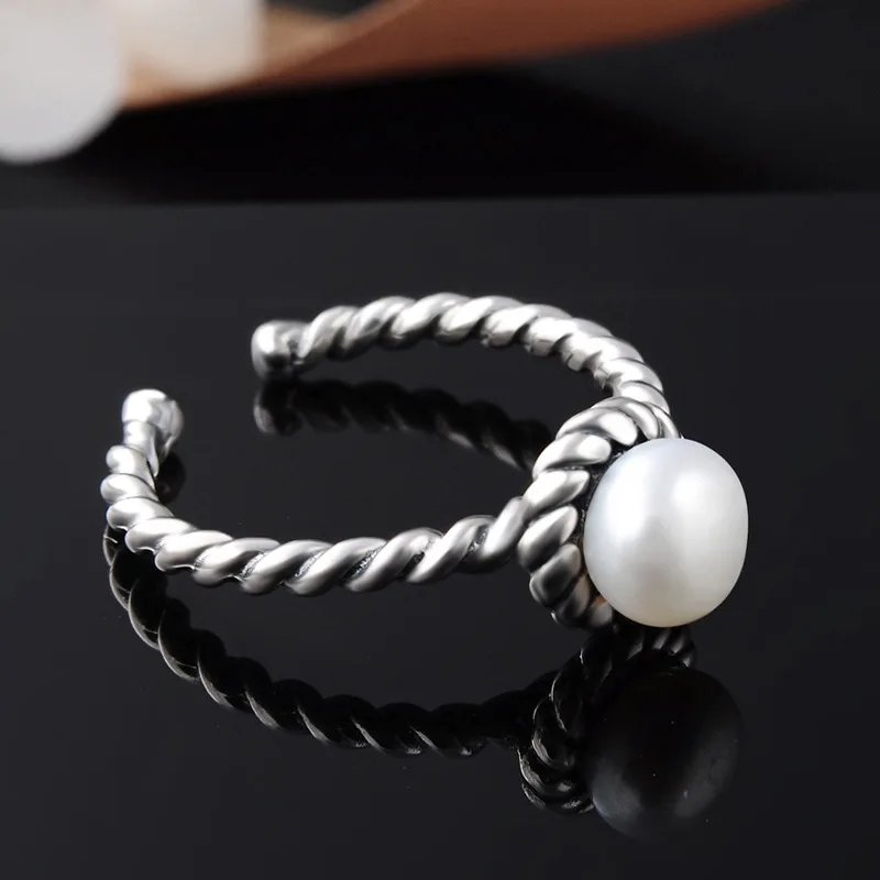 Багет Ringen 100% Настоящее серебро 925 Кольцо с большой натуральной жемчужиной Ювелирные изделия Регулируемое женское украшение Оптовая продажа