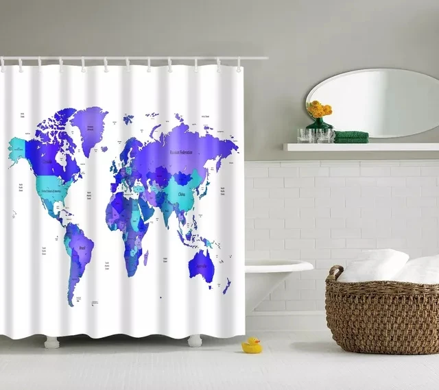 

Cartoon Hand Painted World Map Shower Curtains Bathroom Screen Background Wall Decor Hanging Curtain Waterproof Fabric With Hook