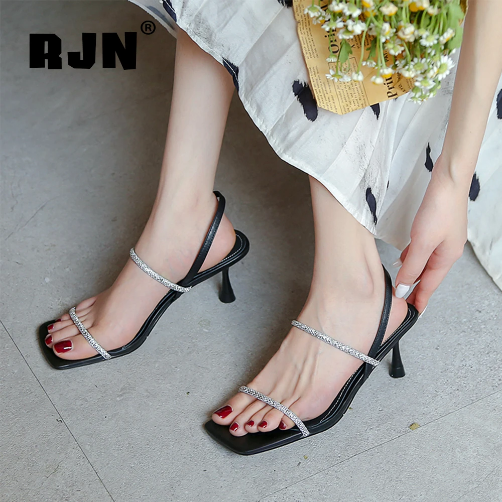 

RJN Genuine Leather Summer Women Shoes Sandals High Thin Heels Sexy Stylish Bling Party Square Toe High Quality New 2021 RL31