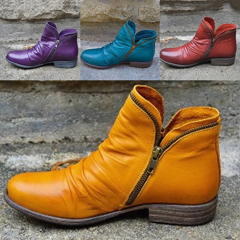 

Women PU Ankle Boot Flats Side Zipper Leather Boots Ladies Comfortable Winter Boots Females Casual Footwear Boots Botas Mujer