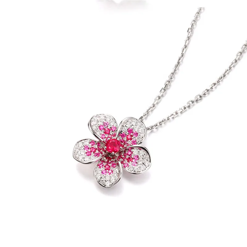 Romantic Flower S925 Silver Necklace Pendant Diamond Luxury Cute Women Fine Jewelry Silver Wedding Fashion Gift for Girl Friend