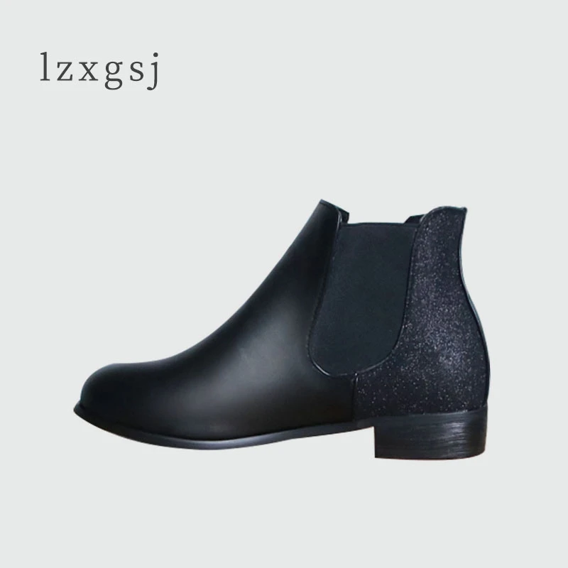 

Black Chelsea Boots Women New Spring Shoes Ankle Pu Leather Boots Simple Fashion Sparkly Low Heel Boots Ladies Shiny Booties