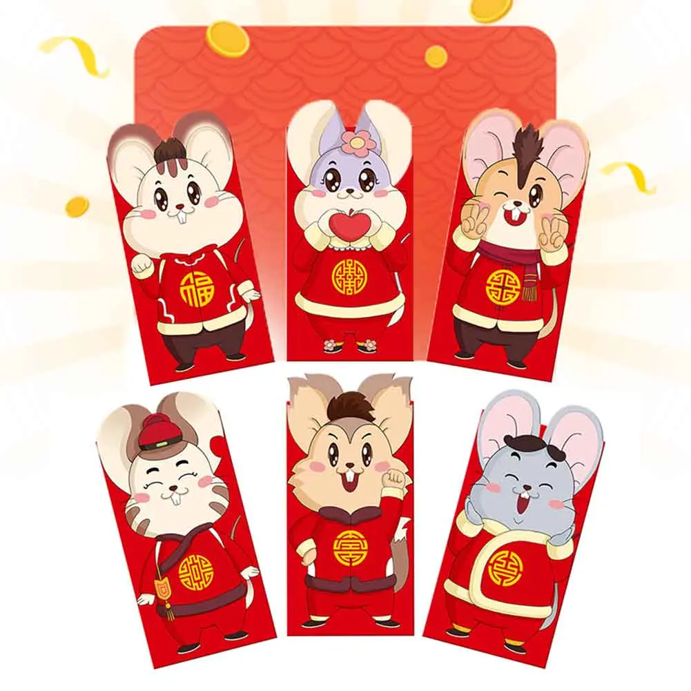 6 шт./компл. традиционный Lucky Hong Bao Бумага красные свадебные конверты Весенний фестиваль китайский год милый подарок крыса пакет