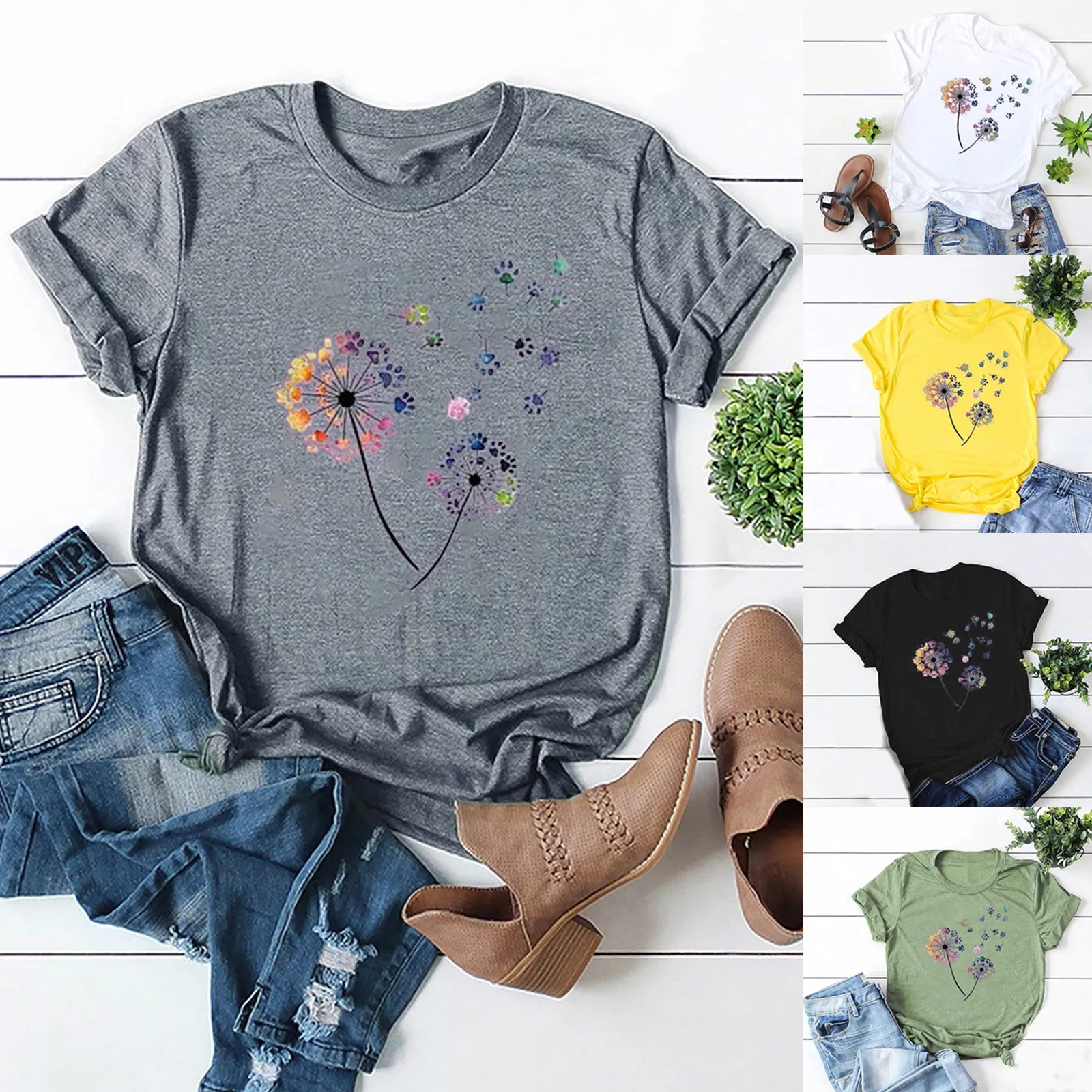 

Женские футболки с принтом одуванчика, летние повседневные футболки с коротким рукавом и круглым вырезом, модные футболки, топы, женские фу...