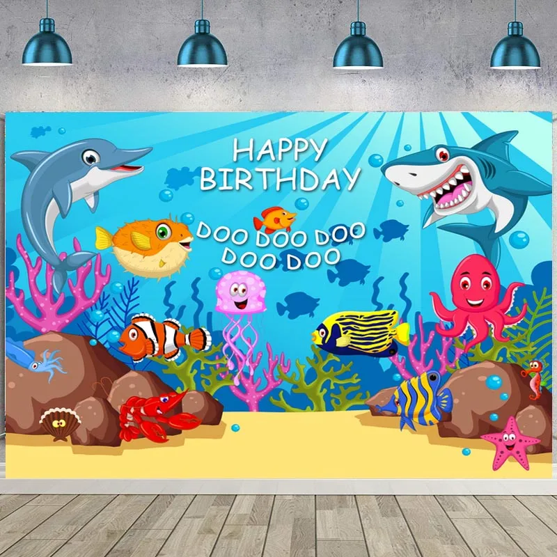 

Underwater Shark Backdrop Baby Shower Kids Happy Birthday Party Custom Photo Background Photocall Prop Decoration Banner