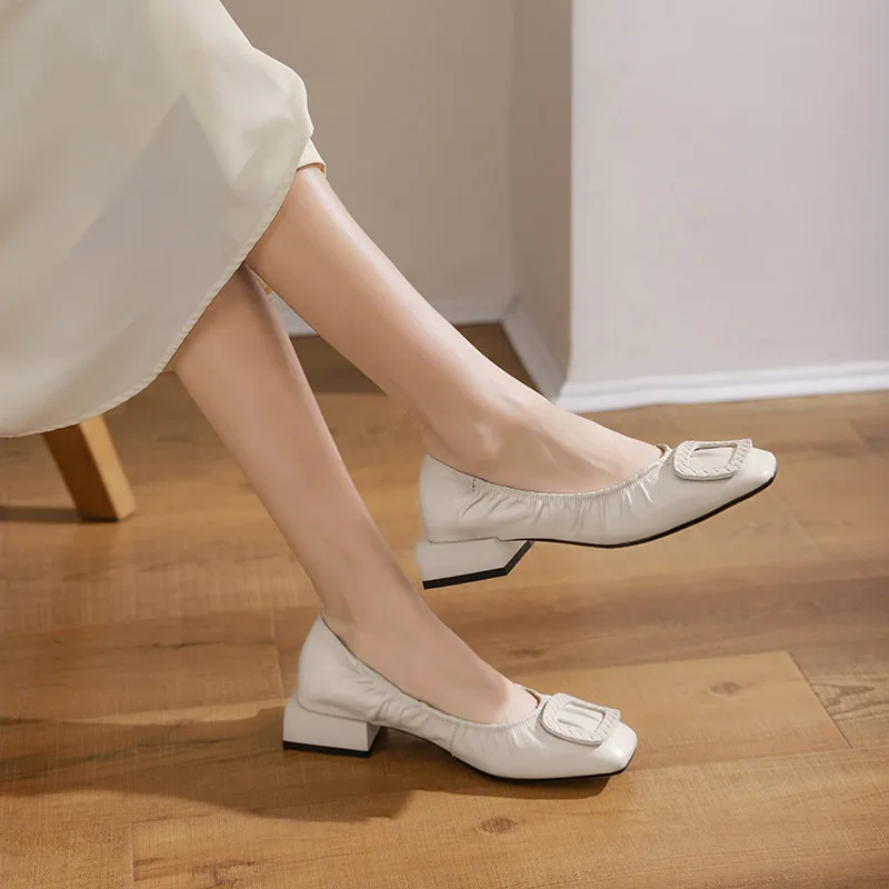 

Smeeroon 2021 New Arrive Soft Leather Single Shoes Women Pumps Square Toe Buckle Slip On Pleated Comfortable Casual Shoes Woman