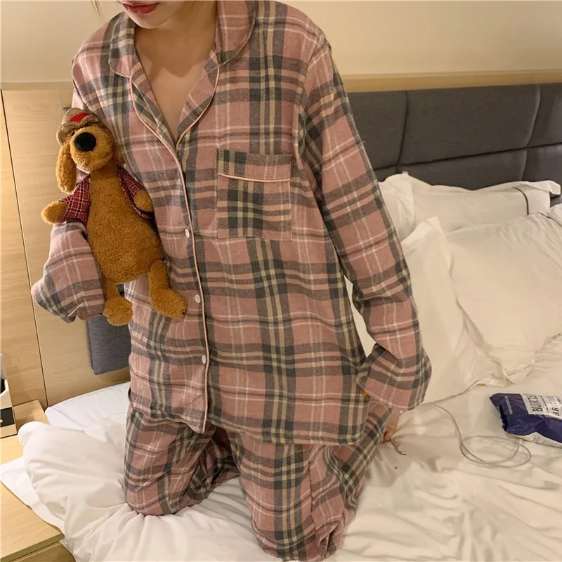 

XIFER 2020 Spring/Autumn Korean Couple Pajamas Brushed Lattice Comfortable Long-sleeved Home Service Suit