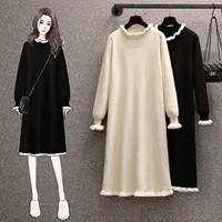 ehqaxin autumn winter new womens knitted dresses fashion wooden ears half high neck loose long pullover sweater dress l 4xl