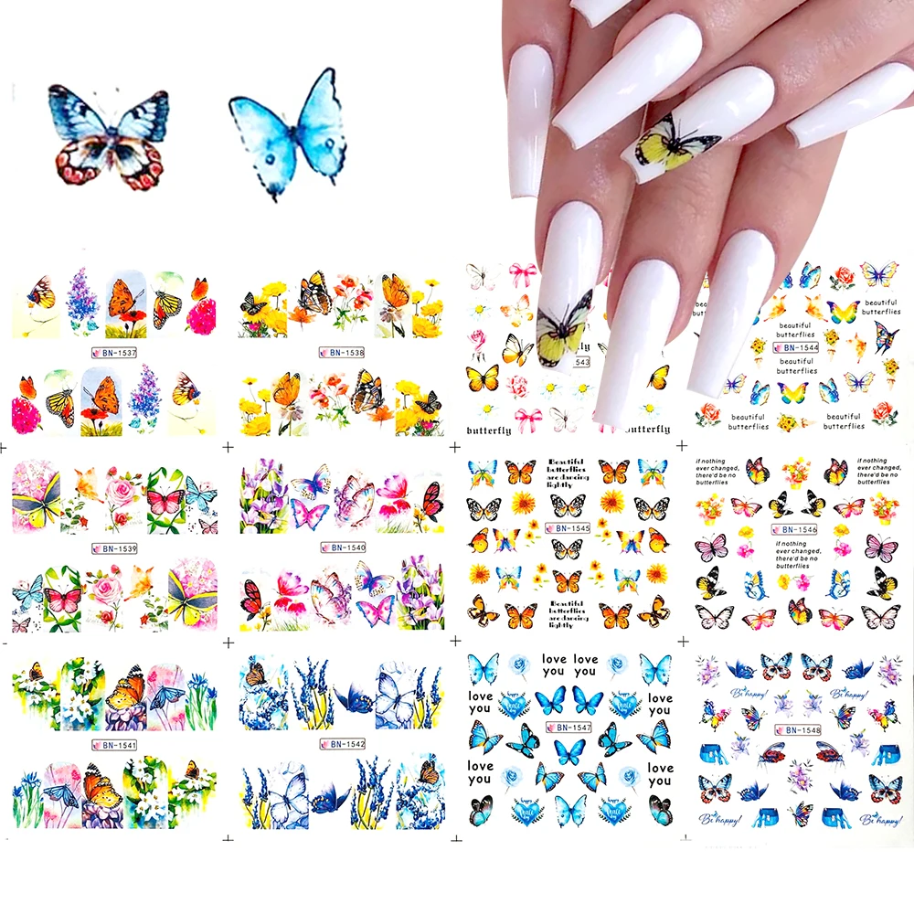 Наклейки для ногтей с бабочками цветами лавандой 12 шт.|Стикеры и наклейки| |
