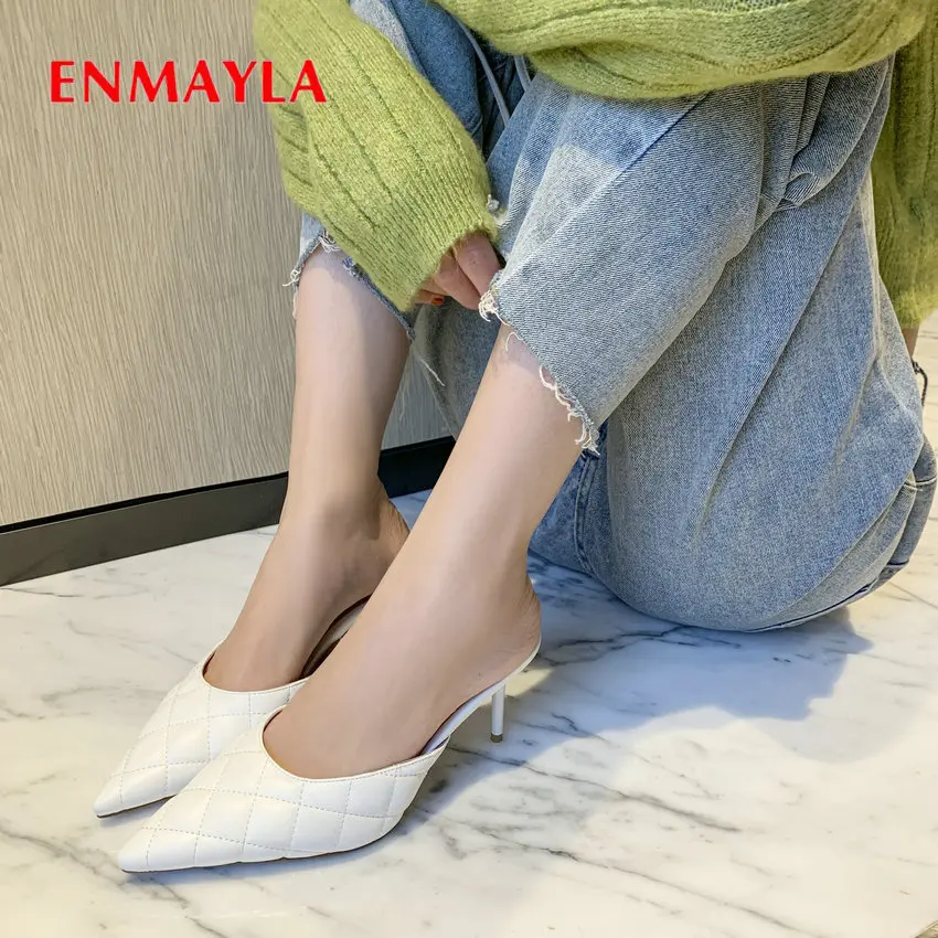 

ENMAYLA Geometric Womens Shoes Synthetic 2020 Summer Outside Slides Women PU Sewing Sewing Thin Heels Basic Women Slippers 34-39