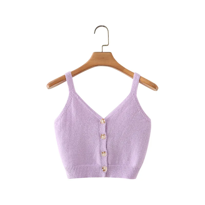 

Europe and The United States Wind Women's Clothing New Short V-neck Four-grain Buckle Knitted Sling Vest