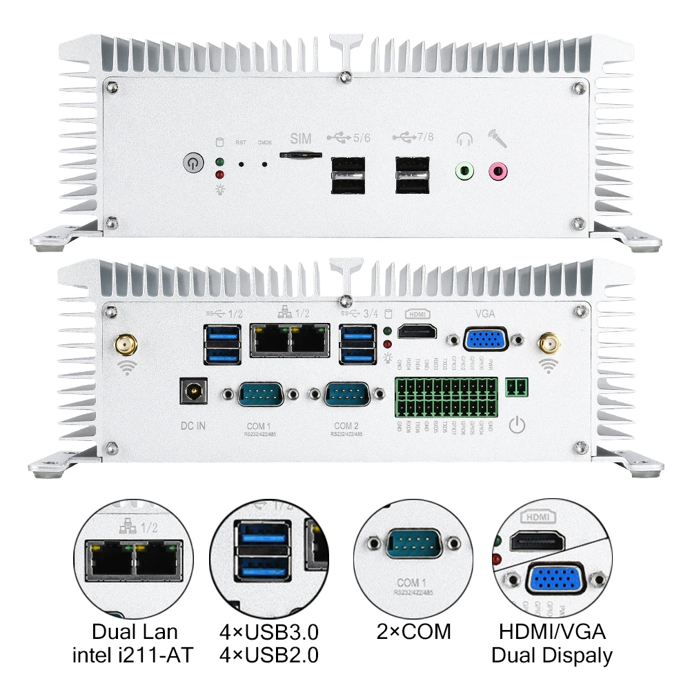 HLY безвентиляторный промышленный Мини ПК Core i5 8350U 7200U i7 7500U 2* LAN 2* RS232 8* USB микро компьютер Linux Windows 10 7 Wifi HDMI VGA