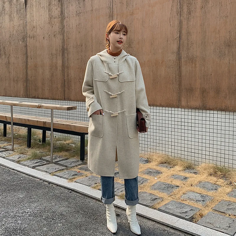 

2020 Winter Handmade High End Long Double Sided Woolen Jacket Women Ox Horn Button Long Casual Loose Black 100% Wool Coat