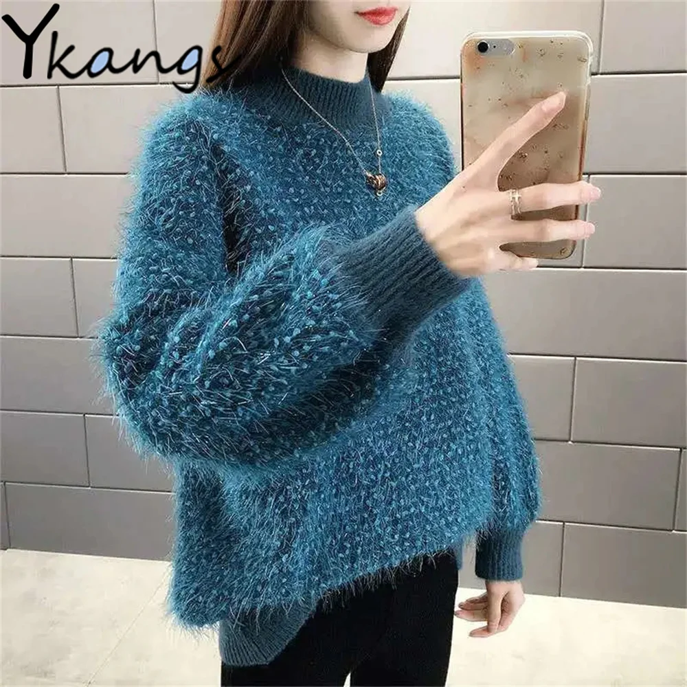 

Женский свитер с высоким воротником, осенне-зимняя плотная элегантная однотонная вязаная блузка, корейский женский свободный пуловер, топы...