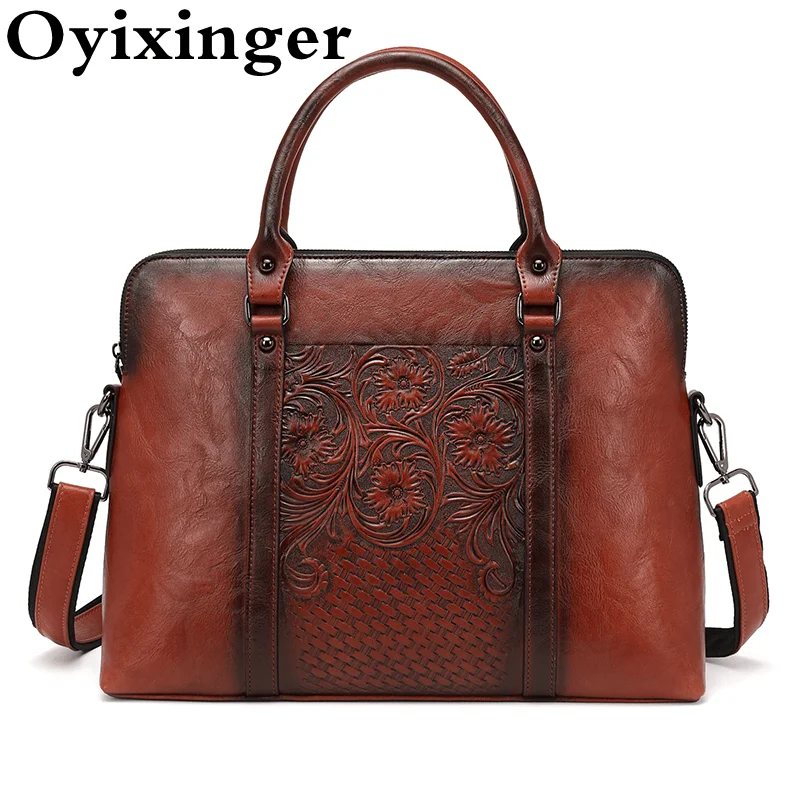 

OYIXINGER Women's Briefcase High Quality Embossed Shoulder Bags Vintage Floral Leather Briefcase Female 14 inch Laptop Handbag