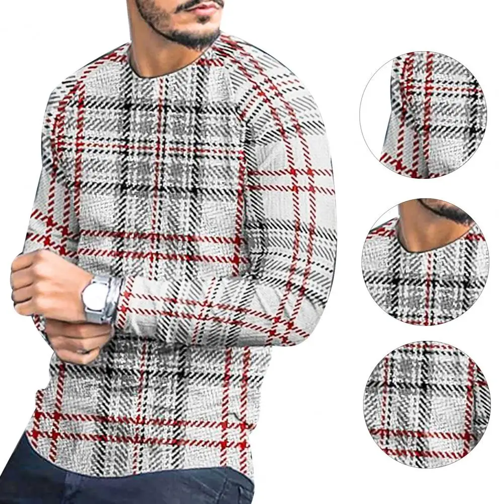 

Casual Long Sleeve Plaid Print T Shirt Men Autumn Fashion O Neck Pullover 2021 Spring Male Plus Size Striped Top Tee Streetwear