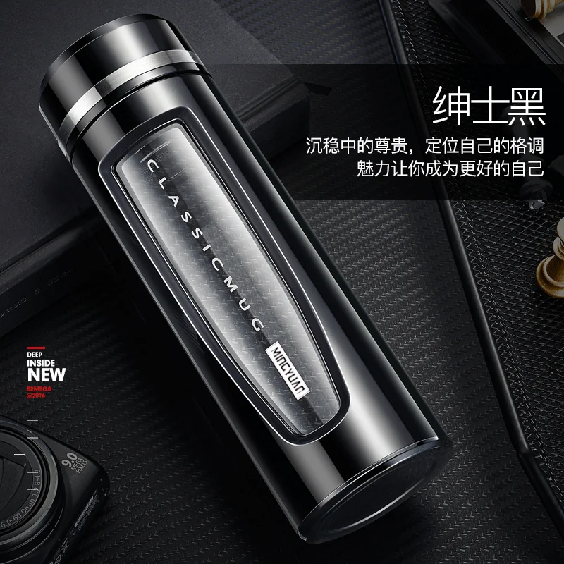 Вакуумная стеклянная термос-бутылка с портативной крышкой, фляги с двойными стенками и герметичной крышкой для воды для женщин KK60BW.