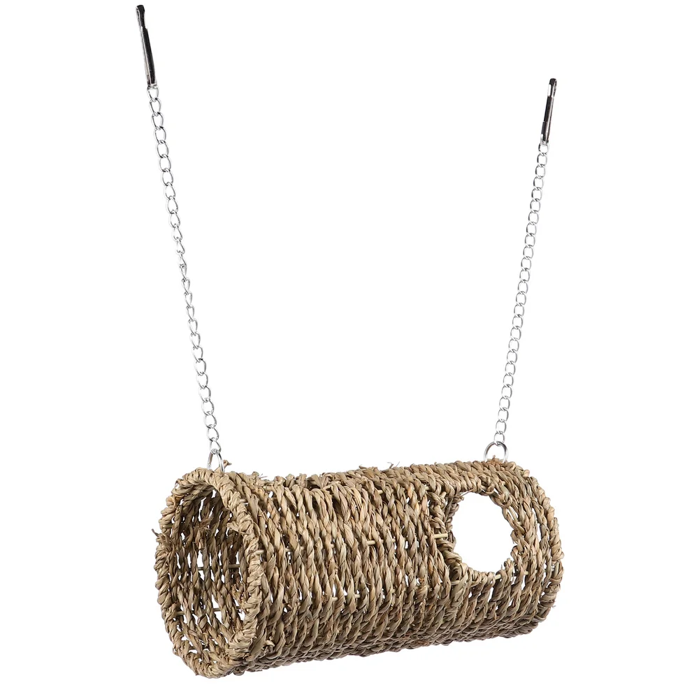 

Pet House Hamster Tunnel Hut Straw Habitat Nest with Hanging Chains