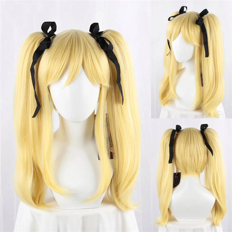 High Quality Anime Kakegurui Mary Saotome Meari Blonde Ponytail Hair Heat Resistant Cosplay Wig + Silk Black Ribbon + Wig Cap