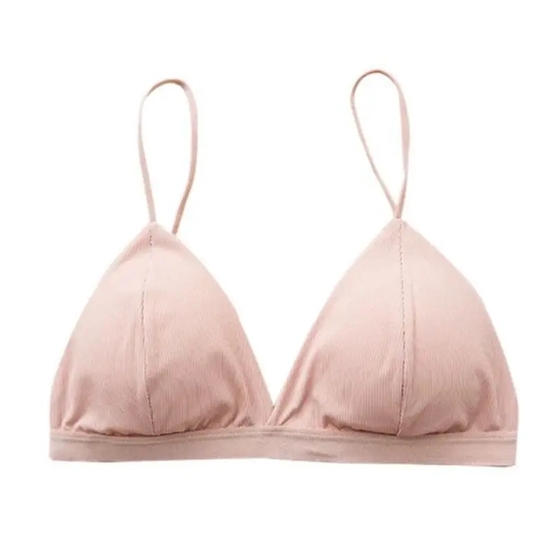 Women French Style Sexy V-Neck Spaghetti Strap Triangle Bra Ribbed Knit Solid Color Underwear Bralette Seamless Padded Brassiere