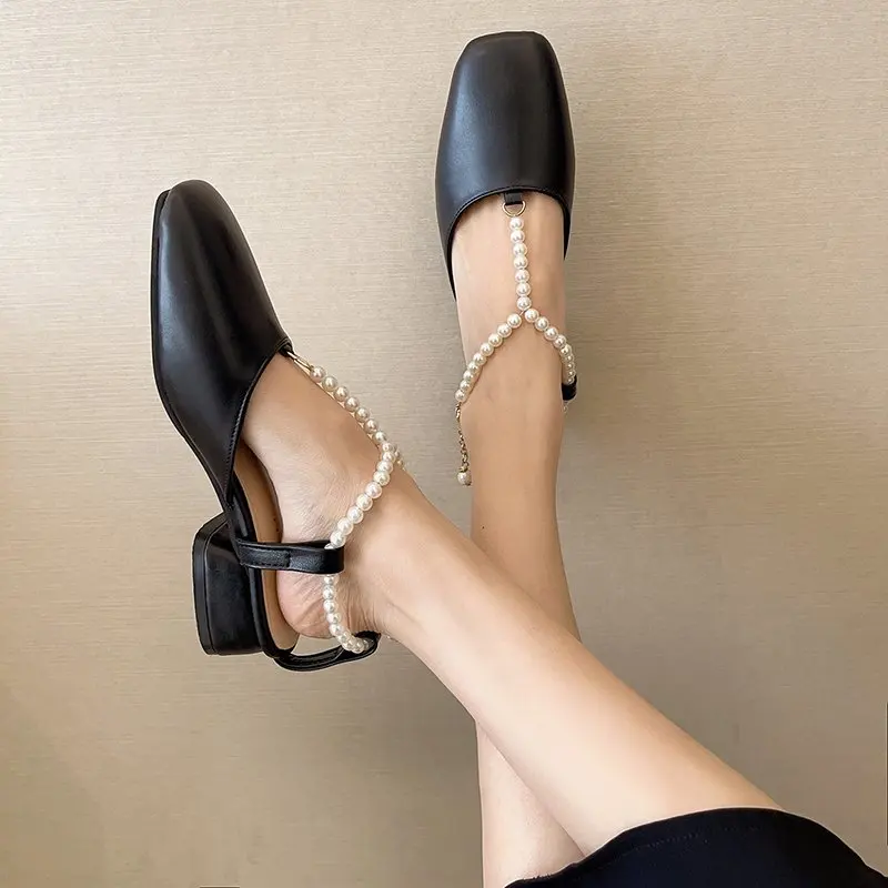 

Block Heels Pearl Sandals Shoes Closed Toe All-Match Buckle Strap 2021 Women's Suit Female Beige Med Chunky New Summer Girls Bla