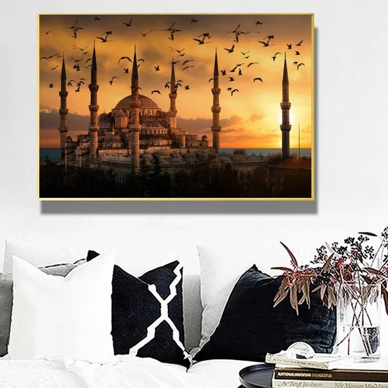 Картины на холсте с изображением заката в мусульманской мечети настенные