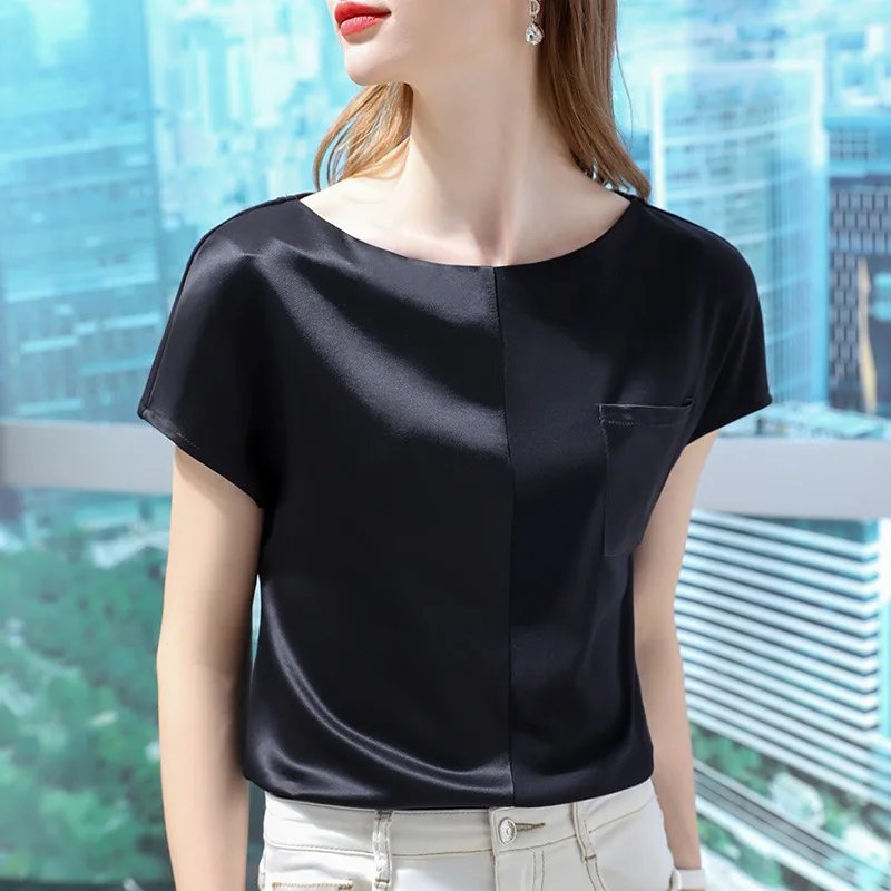

Acetate short sleeve T-shirt women's 2021 new pocket stitching cotton T-shirt temperament one shoulder top
