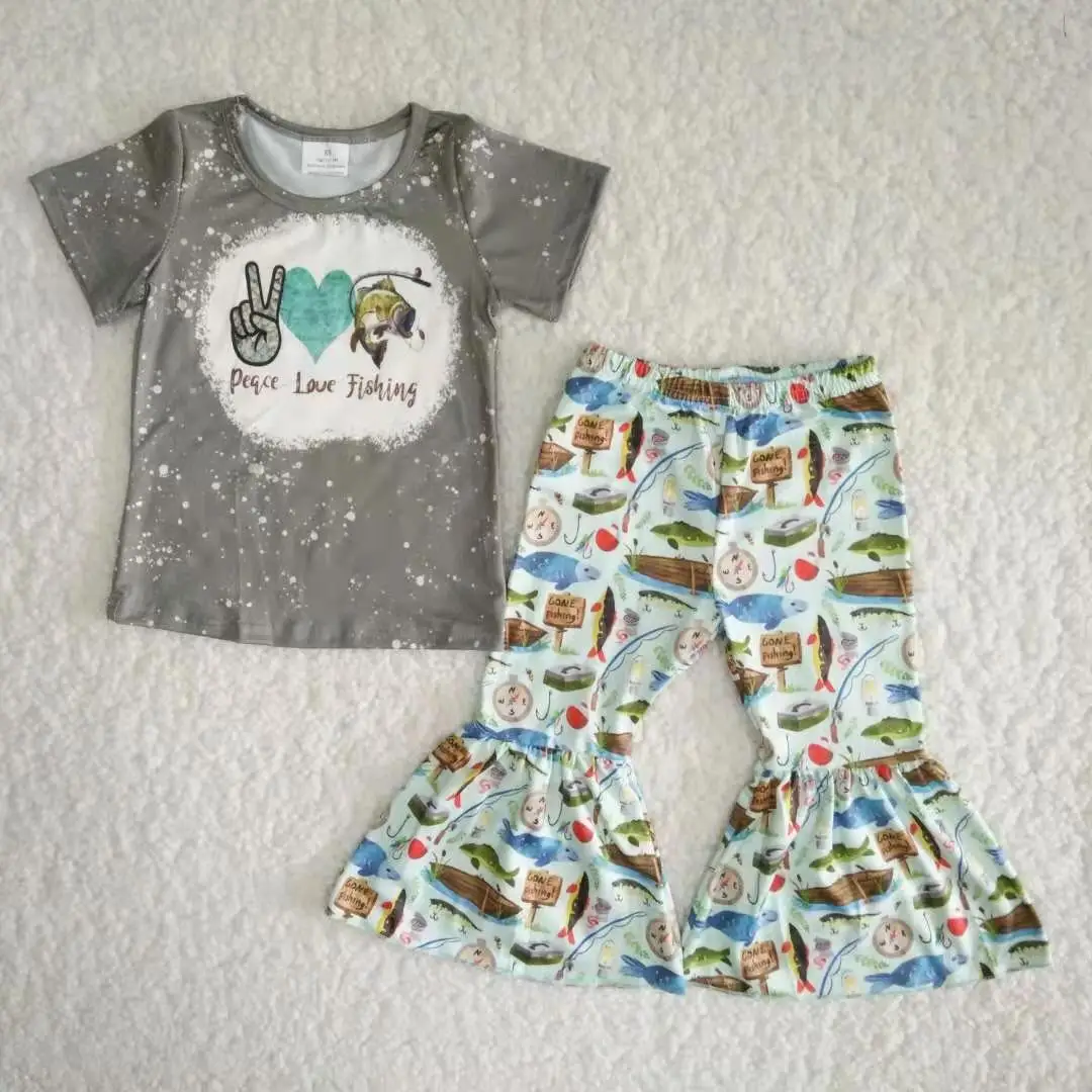 

Short Sleeve Baby Girls Clothes Set Gray Top Bell-Bottom Long Pants For Kids Back To School Outfits