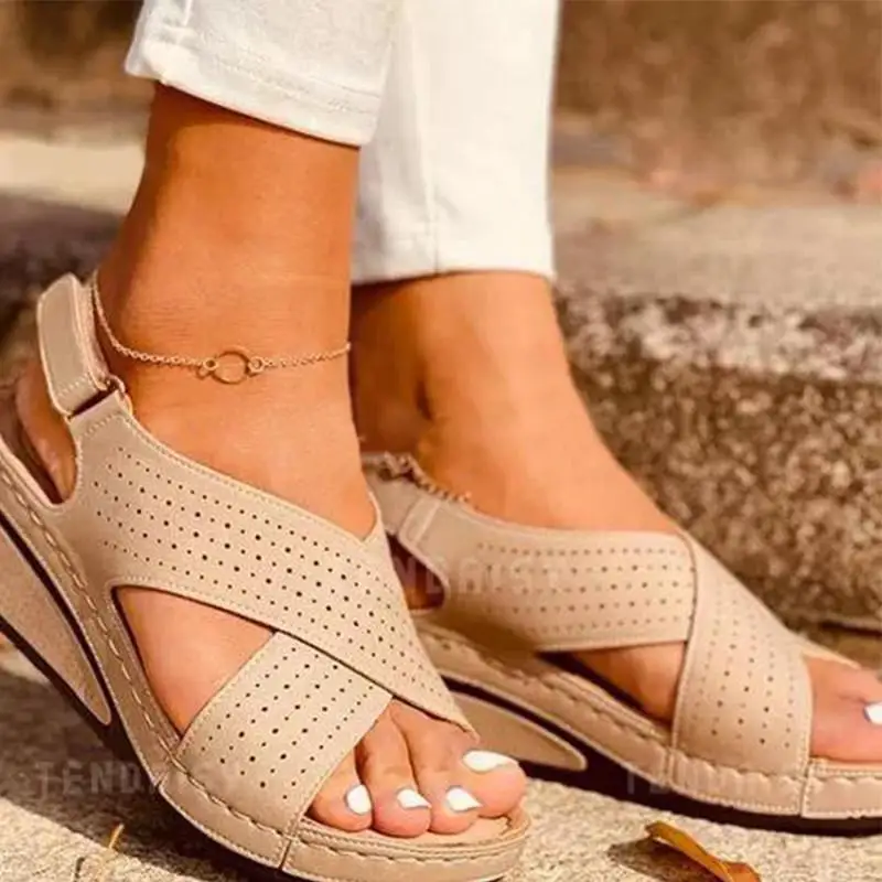 

2021 New Women's Shoes Fashion Casual Solid Color PU Hollow Simple Cross Velcro Wedge Comfortable Summer Sandals 7KG143