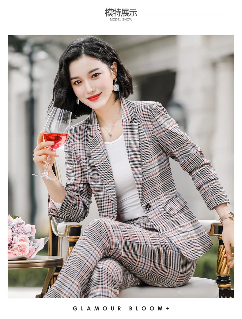 

Women's suit 2019 autumn new fashion temperament casual Slim plaid single buckle small suit trousers two-piece