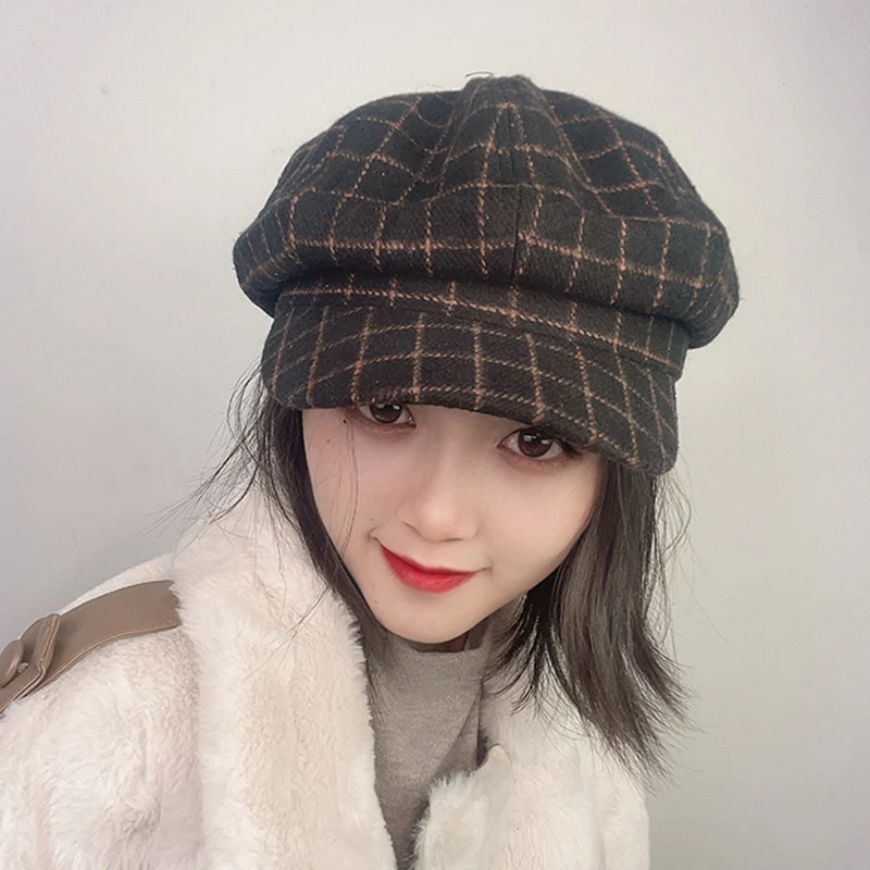 

Женские шапки, модные новые береты 2021, женский берет, осень и зима, универсальная восьмиугольная шапка в клетку, женский берет
