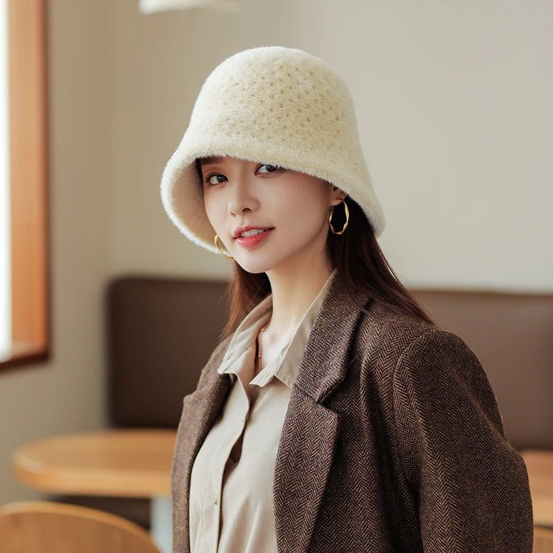 

2021 Fashion Knitted Bucket Hat Cashmere Blended Hats For Women Warm Basin Cap Korean Versatile Winter Fisherman Hats