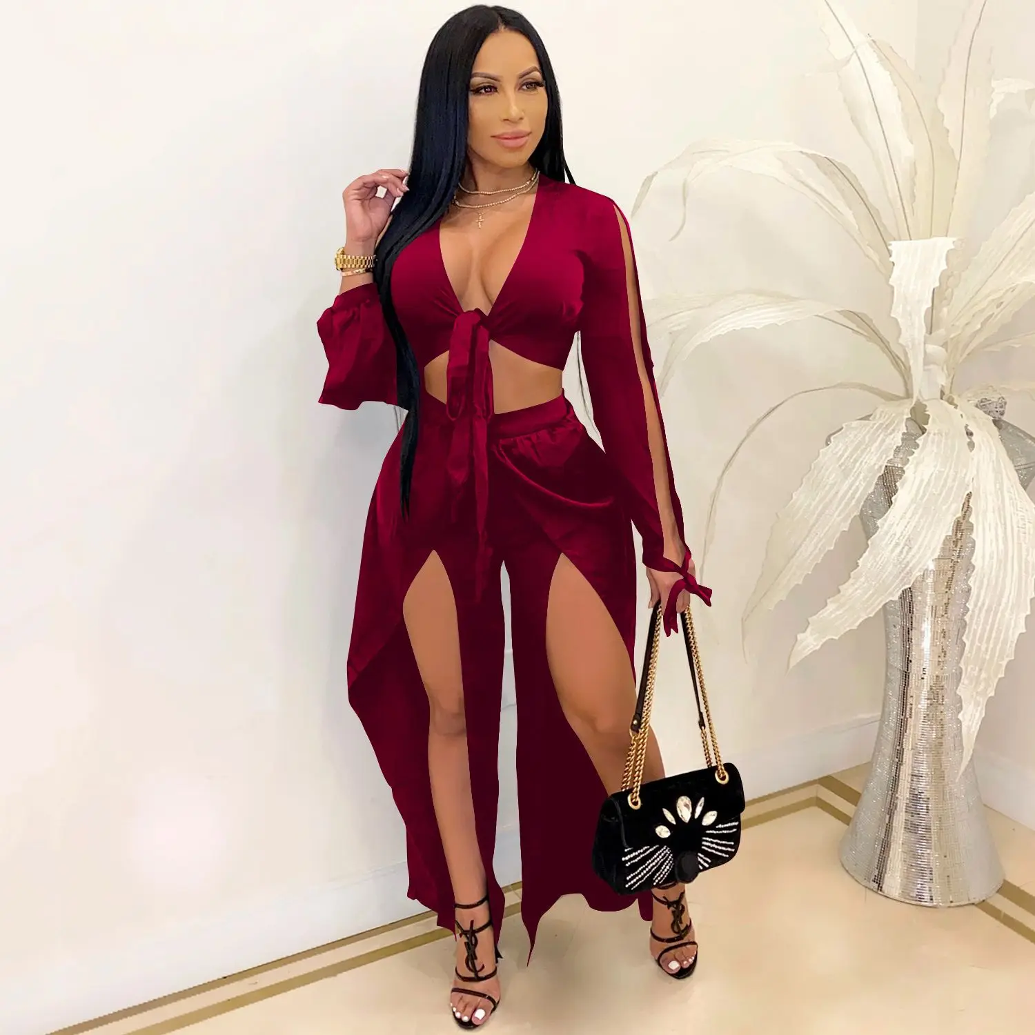 

Женский комплект из двух предметов, однотонный привлекательный бандажный кроп-топ с V-образным вырезом и юбка макси с высокой талией и разрезом, осенний спортивный костюм в стиле Харадзюку, 2021