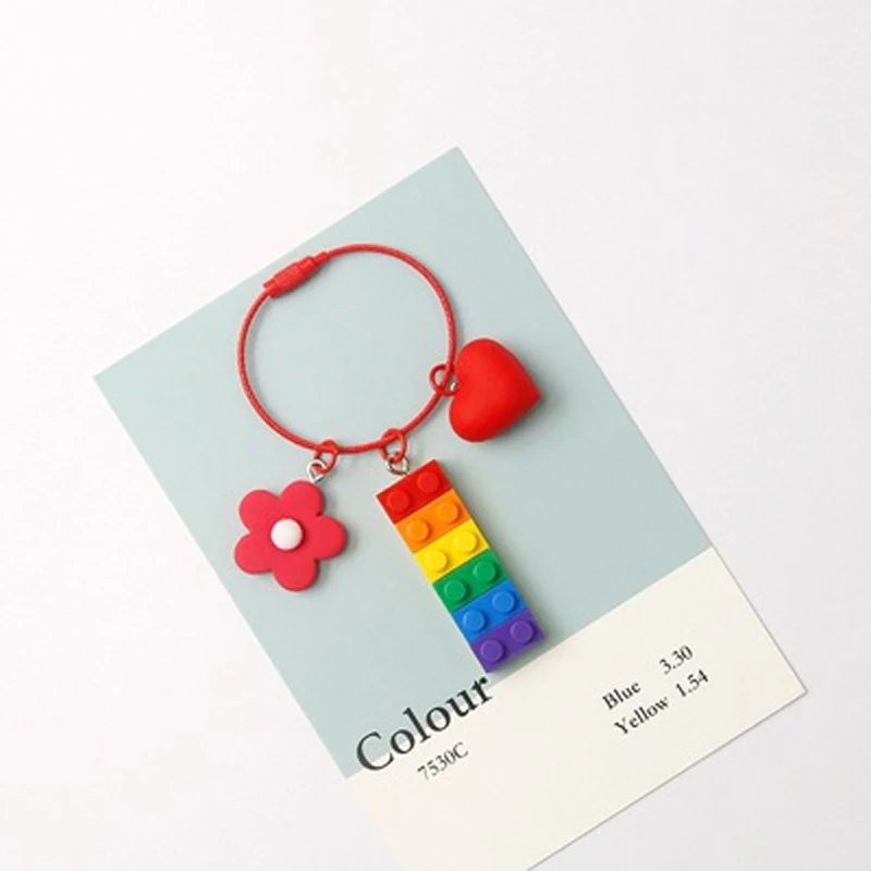 New Cute Building Blocks Keychain Keyring For Women Girl Jewelry Korea Red Heart Flower Car Bandbag Key Holder | Украшения и