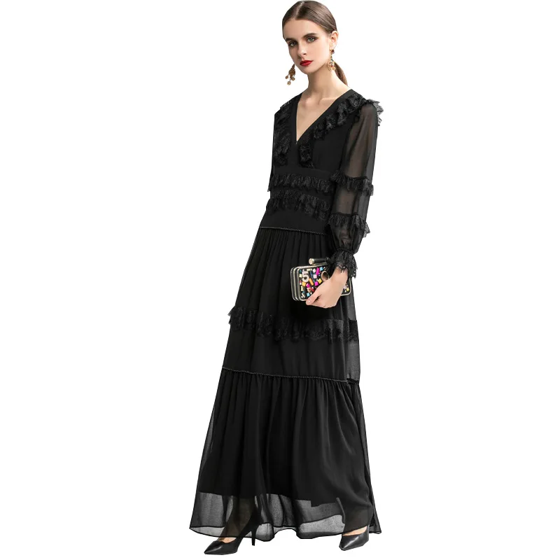 

High-End Black Maxi Dress Women 2021 Fashion Sexy V-neck Lace Stitching Full Sleeve Dress Multi-Layer Elegant Dress Floor-length