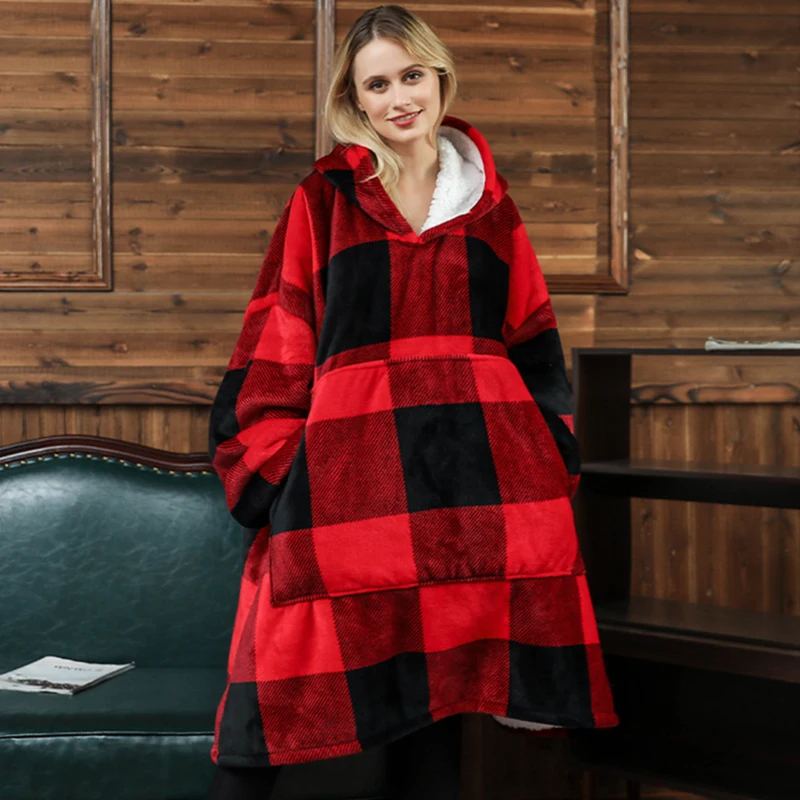 

Soft Warm Blanket Plaid Wearable Sofa Fleece Hoodie Blanket With Sleeves Winter Sherpa Thick Plush Weighted Blanket Sweatshirt