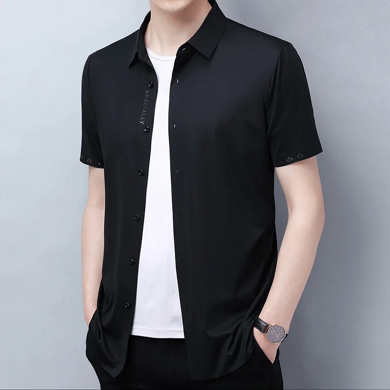 

Seamless short sleeve shirt men's 2021 new ice silk shirt solid color lightweight hot diamond business professional dad fashion
