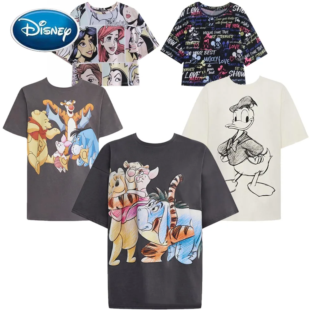 

Disney Stylish Cute Mickey Minnie Mouse Donald Daisy Duck Dog Cartoon Print T-Shirt O-Neck Pullover Short Sleeve Women Tee Tops