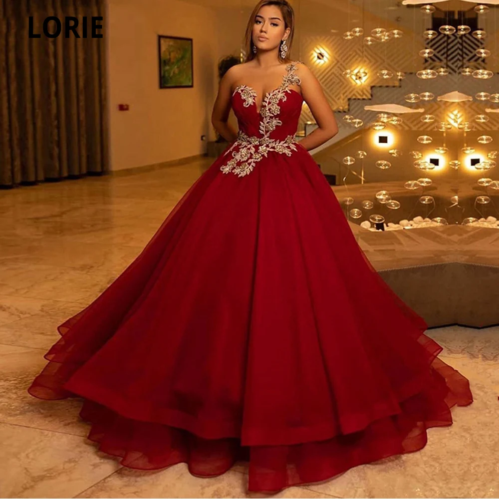 

LORIE Burgundy Ball Gown Prom Dresses 2021 One Shoulder Gold Appliques Formal Evening Dress Lace up Back Party Gown Plus Size